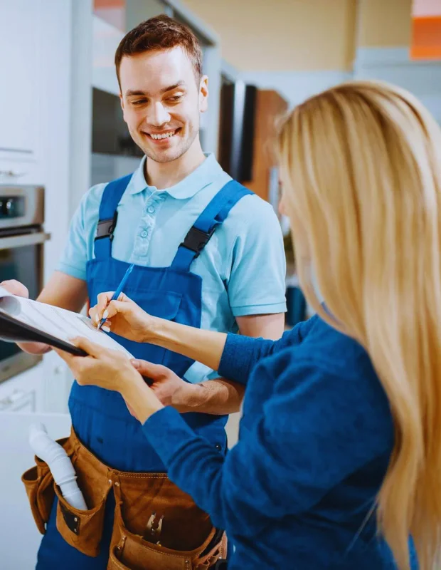 Hommes qui présente un devis à une cliente